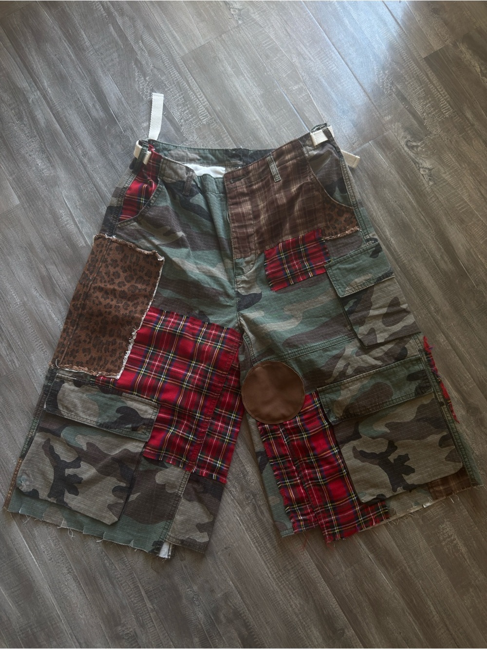 Bravest Studios Green Camo Cargo Shorts with Red Plaid & Brown Patchwork
